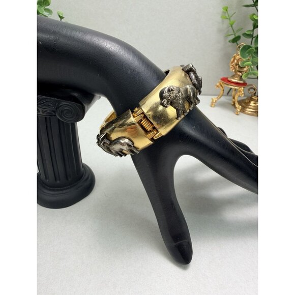 Vintage Gold & Silver Tone Animal Safari Statement Bracelet Monkey Elephant Rare - Picture 3 of 10